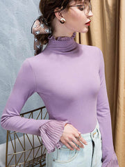 Pleated Ruffled Solid Color Flared Sleeves Long Sleeves High Neck T-Shirts Tops