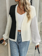 Contrast Color Split-Joint Long Sleeves Loose Collarless Cardigan Tops