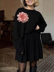 Flower Shape Split-Joint Long Sleeves Loose Round-Neck Sweater Tops