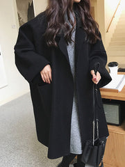 Buttoned Pockets Solid Color Split-Joint Long Sleeves Loose Notched Collar Woolen Coat