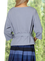 Buttoned Tied Waist Loose Three-Quarter Sleeves Round-Neck T-Shirts Tops