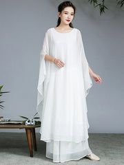 Artistic Retro Loose Chiffon Solid Color Falbala Round-Neck Kimono Sleeve 2 Pieces Set