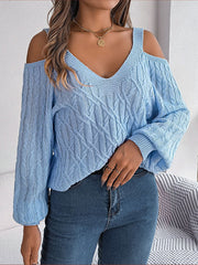 Cable Knit Solid Color Long Sleeves Loose Cold shoulder Sweater Tops
