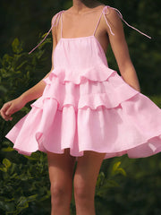 Backless Layered Pleated Solid Color A-Line High Waisted Spaghetti-Neck Mini Dresses