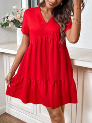 Pleated Solid Color Split-Joint A-Line High Waisted V-Neck Mini Dresses