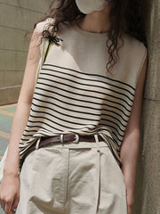 Striped Loose Sleeveless Round-neck Vest Top