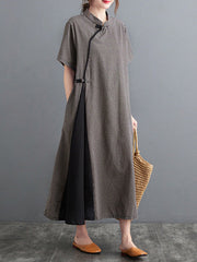 Retro Plaid Short Sleeve Stand Collar Long Cheongsams Dress