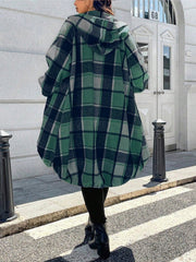 Plaid Zipper High-low Long Sleeves Hooded Outerwear