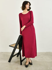 Simple Long Sleeves Loose Solid Color Round-Neck Midi Dresses