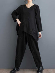 Split-Joint V-Neck Long Sleeves Asymmetric Solid Color T-Shirts Top + Harem Pants Elasticity Pants Bottom Two Pieces Set