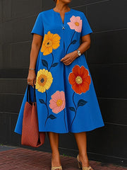 A-Line Loose Flower Print V-Neck Midi Dresses