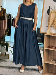 Solid Color Split-Joint Loose Sleeveless Round-neck Maxi Dresses