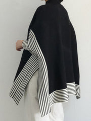 Split-Joint Split-Side Striped Batwing Sleeves Loose High Neck Sweater