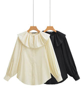 Pleated See-Through Solid Color Split-Joint Loose Puff Sleeves Peter Pan Collar Blouses&Shirts Tops