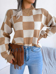 Contrast Color Plaid Long Sleeves Loose Round-Neck Sweater Tops