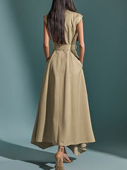 Belted Buttoned Pockets Solid Color A-Line High Waisted Round-Neck Maxi Dresses