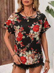 Flower Print Hollow Split-Joint Loose Short Sleeves Round-Neck Blouses&Shirts Tops
