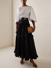 Floral Pleated Solid Color Split-Joint A-Line High Waisted Skirts