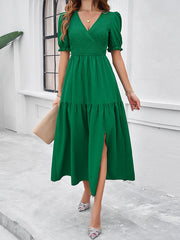 Elasticity Pleated Solid Color Split-Joint A-line High Waisted V-neck Midi Dresses