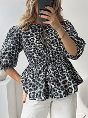 Elasticity Leopard Pleated Split-Joint Tied Half Sleeves Loose Round-Neck Blouses&Shirts Tops