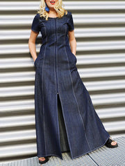 Pockets Split-front Split-Joint Zipper A-line Loose Round-neck Maxi Dresses