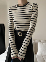 Contrast Color Striped Long Sleeves Skinny Round-Neck T-Shirts Tops