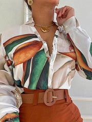 Print Long Sleeves Buttoned Deep V-Neck Shirts Top +Belted Shorts Bottom Two Pieces Set