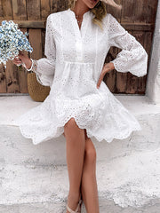 Hollow Pleated Solid Color Split-Joint Flared Sleeves Long Sleeves V-Neck Mini Dresses