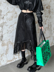 Asymmetric Buttoned Crocodile Texture Solid Color Tasseled A-Line Irregularity Skirts Bottoms