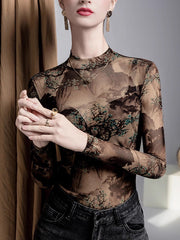 Asymmetric Mesh See-Through Split-Joint Long Sleeves Plus Size Round-Neck T-Shirts Tops