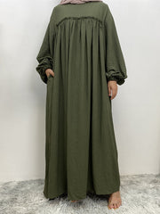 Elasticity Muslim Pleated Solid Color Split-Joint Tied Waist Bishop Sleeve Long Sleeves Round-Neck Maxi Dresses