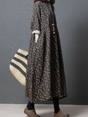 Vintage Floral Stand Collar Midi Dress