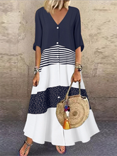 Original Creation Half Sleeves Loose Buttoned Contrast Color Striped V-Neck Maxi Dresses