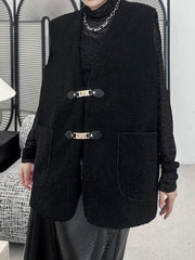 Buckle Pockets Velvet Loose Sleeveless V-neck Vest Outerwear