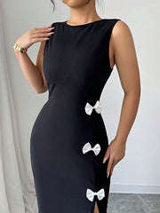 Bowknot Split-Side Bodycon High Waisted Round-Neck Midi Dresses