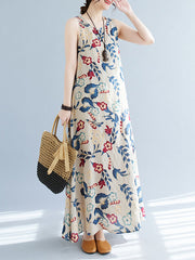 Floral Printed Loose Sleeveless Round-Neck Maxi Dresses