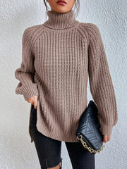 Solid Color Split-side Long Sleeves Loose High Neck Sweater Tops Pullovers