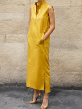 Solid Color Split-Side Sleeveless Lapel Shirt Dress Midi Dresses