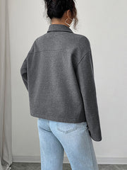 Solid Color Zipper Long Sleeves Loose Lapel Outerwear