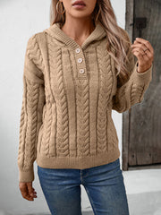 Buttoned Solid Color Split-Joint Hooded Long Sleeves Sweater Tops