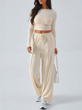 Round-Neck Long Sleeves Loose Solid Color T-shirt Top + Drawstring Elasticity Pockets Pants Bottom Two Pieces Set