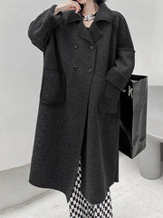Buttoned Pockets Solid Color Velvet Long Sleeves Loose Lapel Woolen Coat