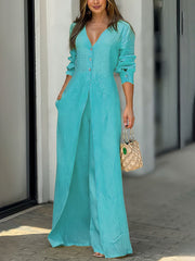 High Waisted Long Sleeves Buttoned Pockets Solid Color V-Neck Jumpsuits