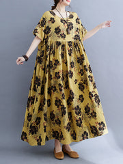 Pleated Printed Split-Joint Loose Short Sleeves Round-Neck Midi Dresses
