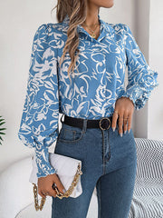 Buttoned Contrast Color Elasticity Flower Print Long Sleeves Loose Lapel Blouses&shirts Tops