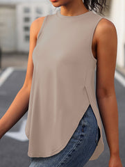 Solid Color Split-Side Loose Sleeveless Round-Neck Vest Top Cover-Ups Tops