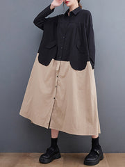 Original Loose Long Sleeves Buttoned Contrast Color Lapel Collar Midi Dresses