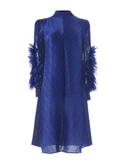 Embroidered Pleated Solid Color Long Sleeves Loose Round-neck Midi Dresses