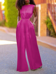 Hollow Solid Color Loose Wide Leg Round-neck Jumpsuits