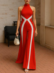 Contrast Color High Waisted Skinny Halter-Neck Jumpsuits